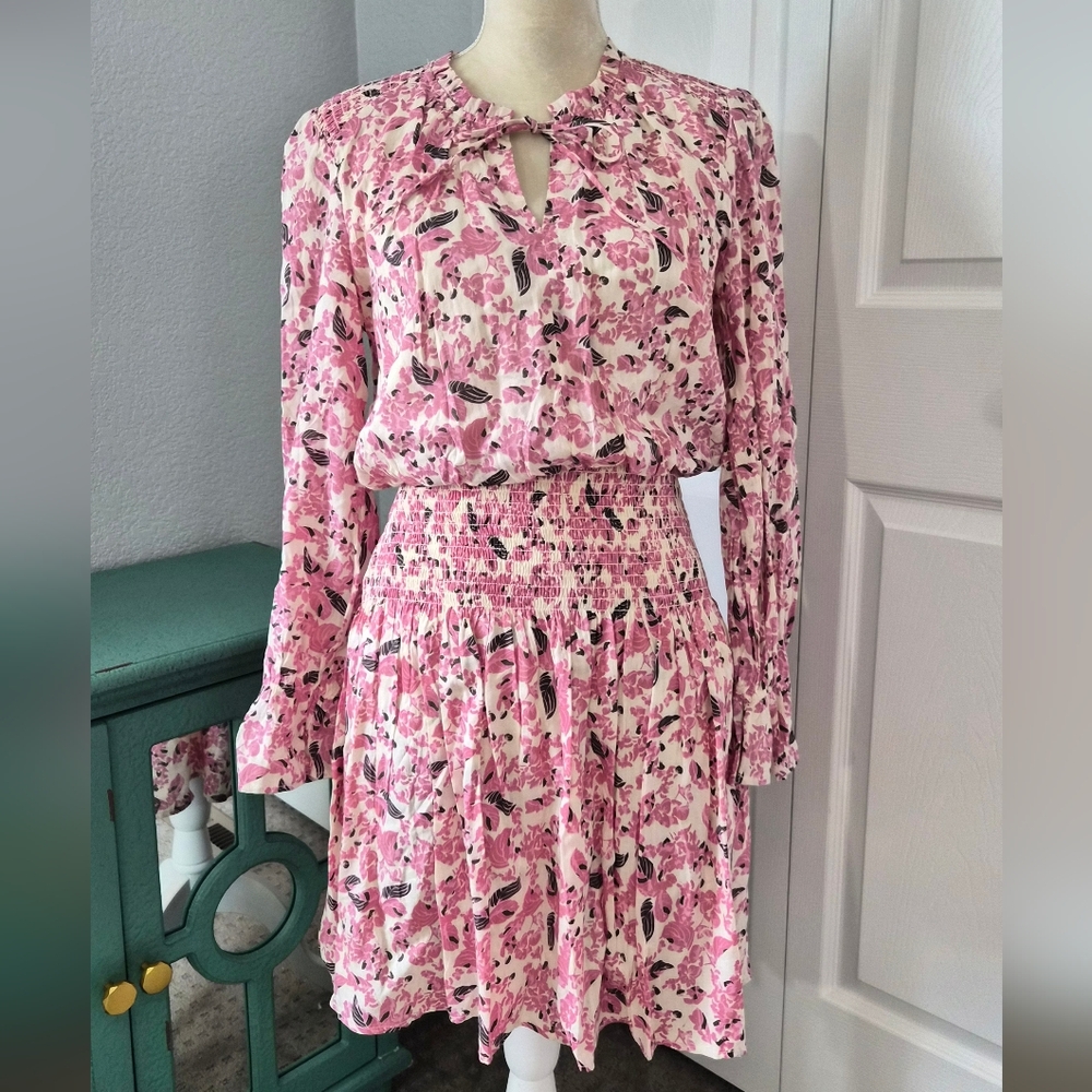Evereve Roan + Ryan Pink Floral Smocked Mini Dress Long Sleeve Tie Neck Size S - Picture 2 of 9